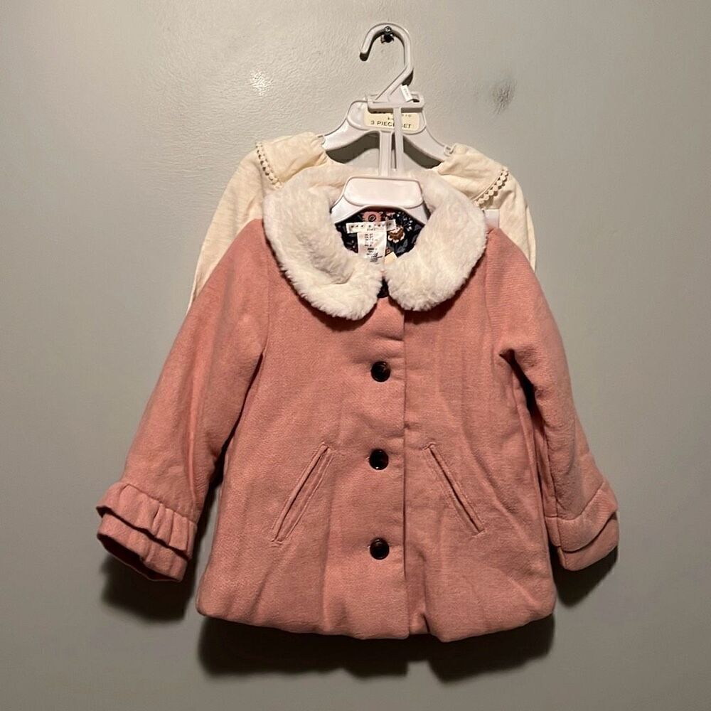 Max Studio Baby Pink Cream Top Faux Fur Trim Collar Coat Set 2-Piece Size 2T NWT